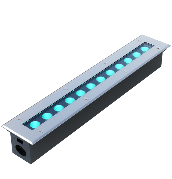 Ландшафтный линейный RGBW прожектор, напряжение питания 24В, цвет свечения: RGBW , степень защиты: IP67, грунтовый светильник, водонепроницаемый, управление: DMX512, установка в кессон