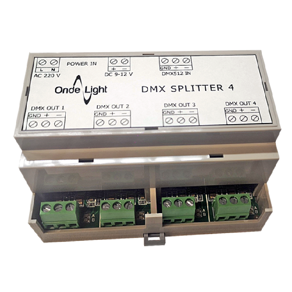 Ondelight DMX SPLITTER 4 сплиттер разветвитель и усилитель сигнала DMX четыре канала. Сплиттер на DIN рейку с гальванической развязкой. напряжение питания 12/220В