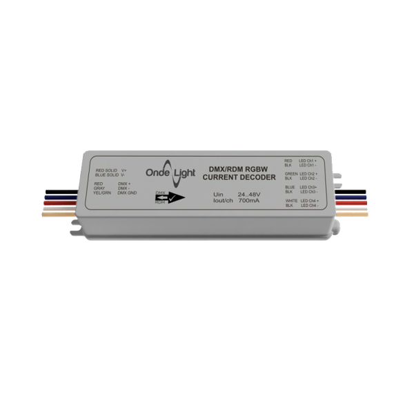 DMX RGBW DIMMER RDM DECODER, DMX/RDM декодер 700mA RGBW - предназначен для управления световым потоком светодиодов. Напряжение питания: 24..48 В. Количество каналов управления: 4